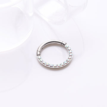 Detail View 1 of Implant Grade Titanium Brilliant Sparkle Gems Front Lined Clicker Hoop Ring-Aurora Borealis